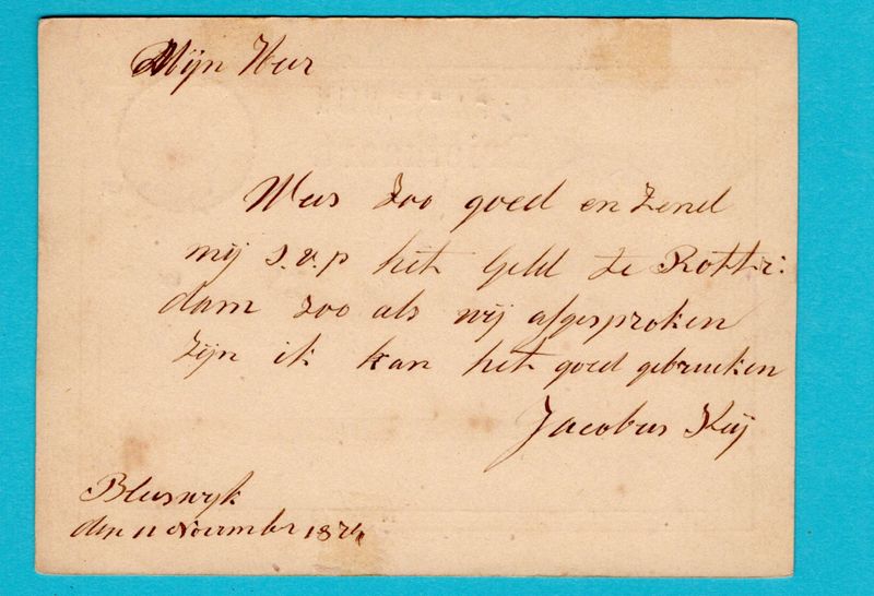 NEDERLAND briefkaart 1874 Bleiswijk naamstempel + Rotterdam