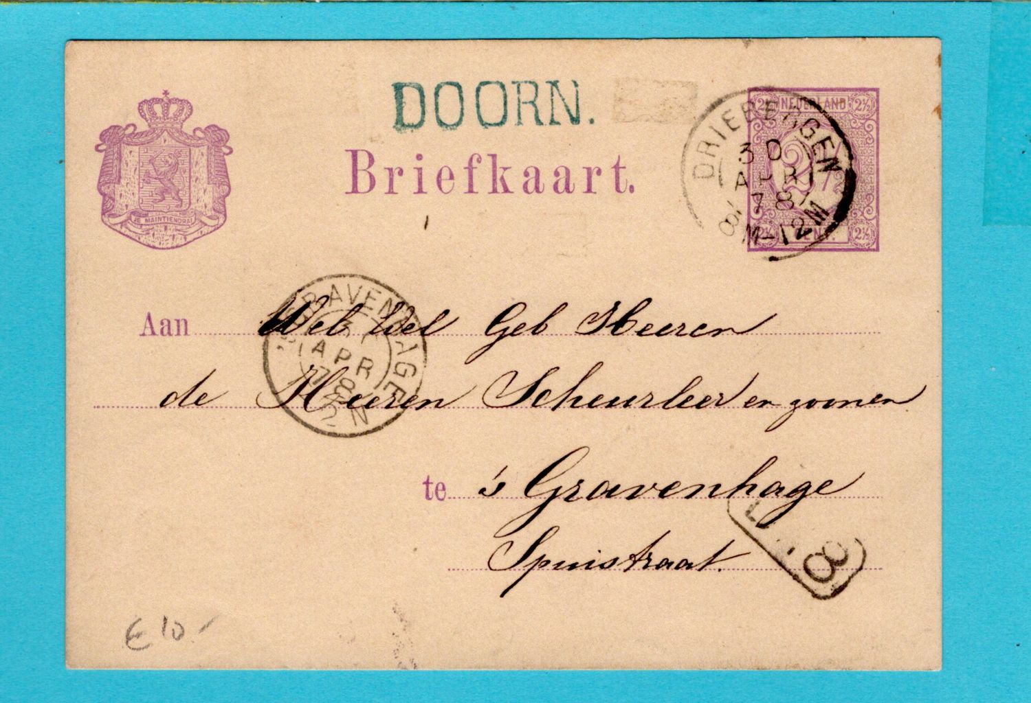 NEDERLAND briefkaart 1878 Doorn naamstempel + Driebergen