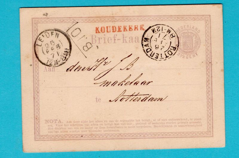 NEDERLAND briefkaart 1871 Koudekerk naamstempel + Leiden