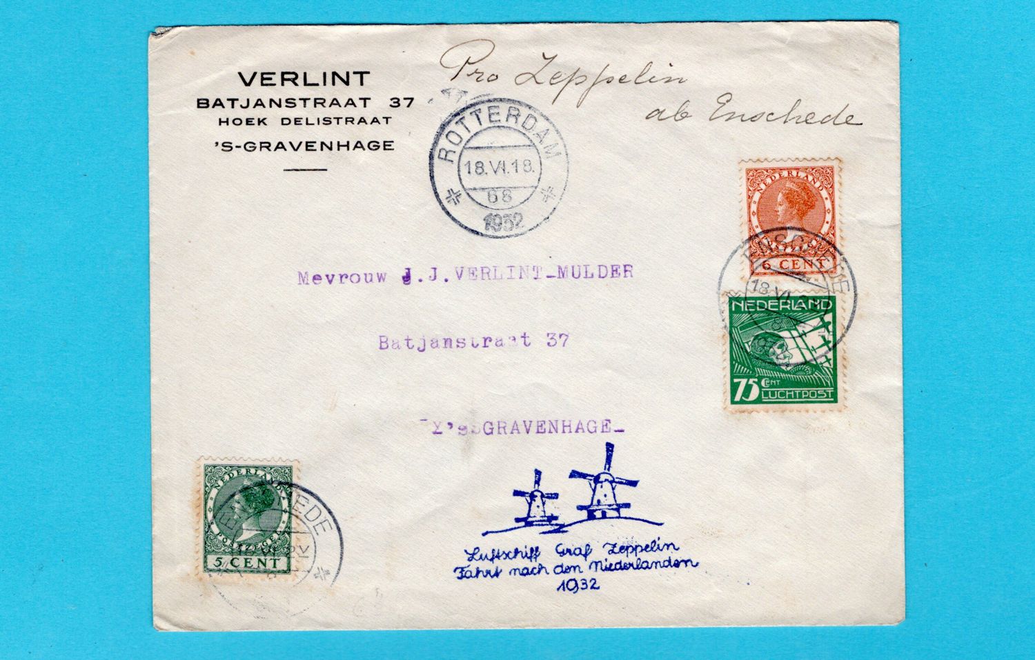 NEDERLAND Zeppelin brief 1932 Enschede naar 's Gravenhage