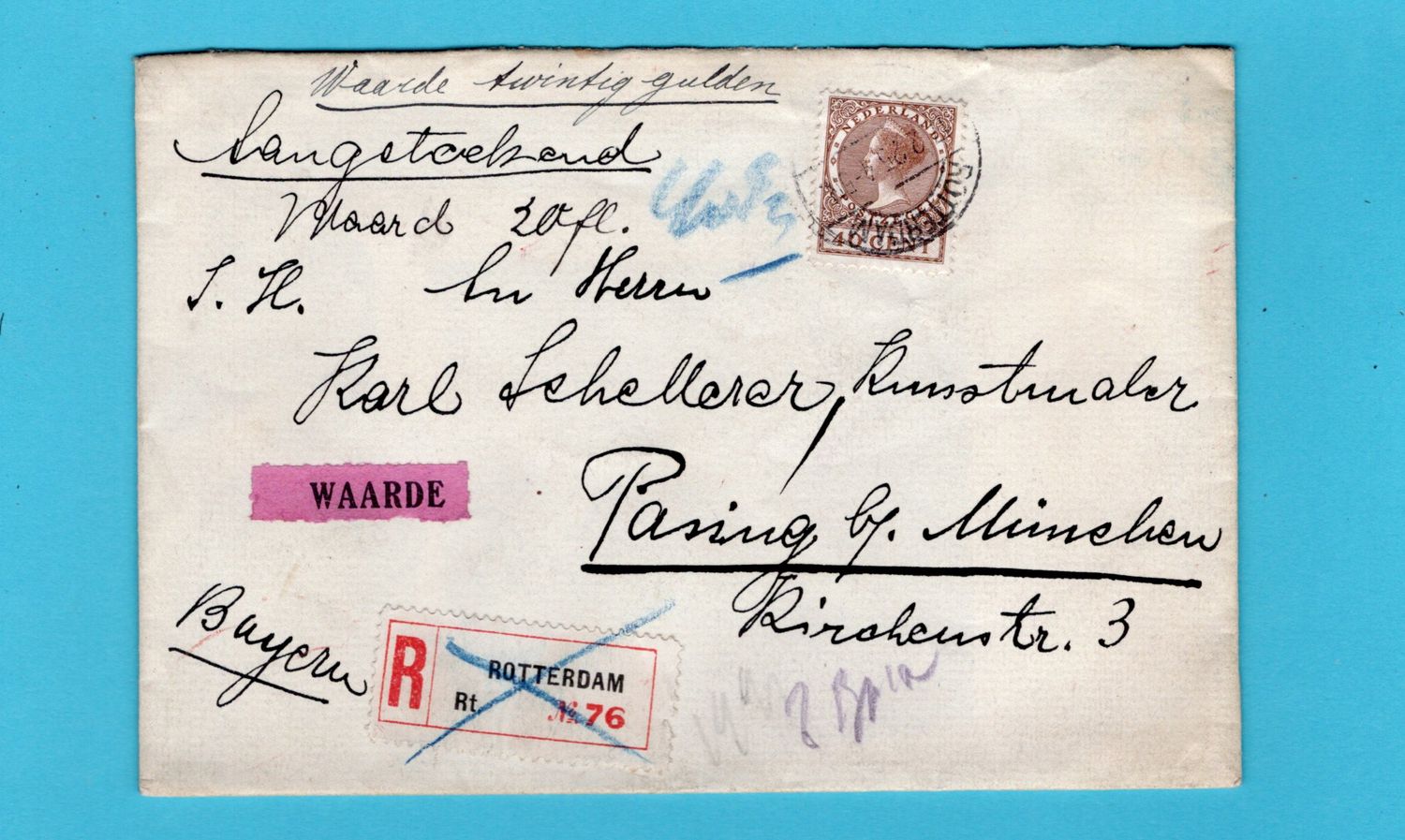 NEDERLAND R waardebrief 1925 Rotterdam naar Pasing, Duitsland