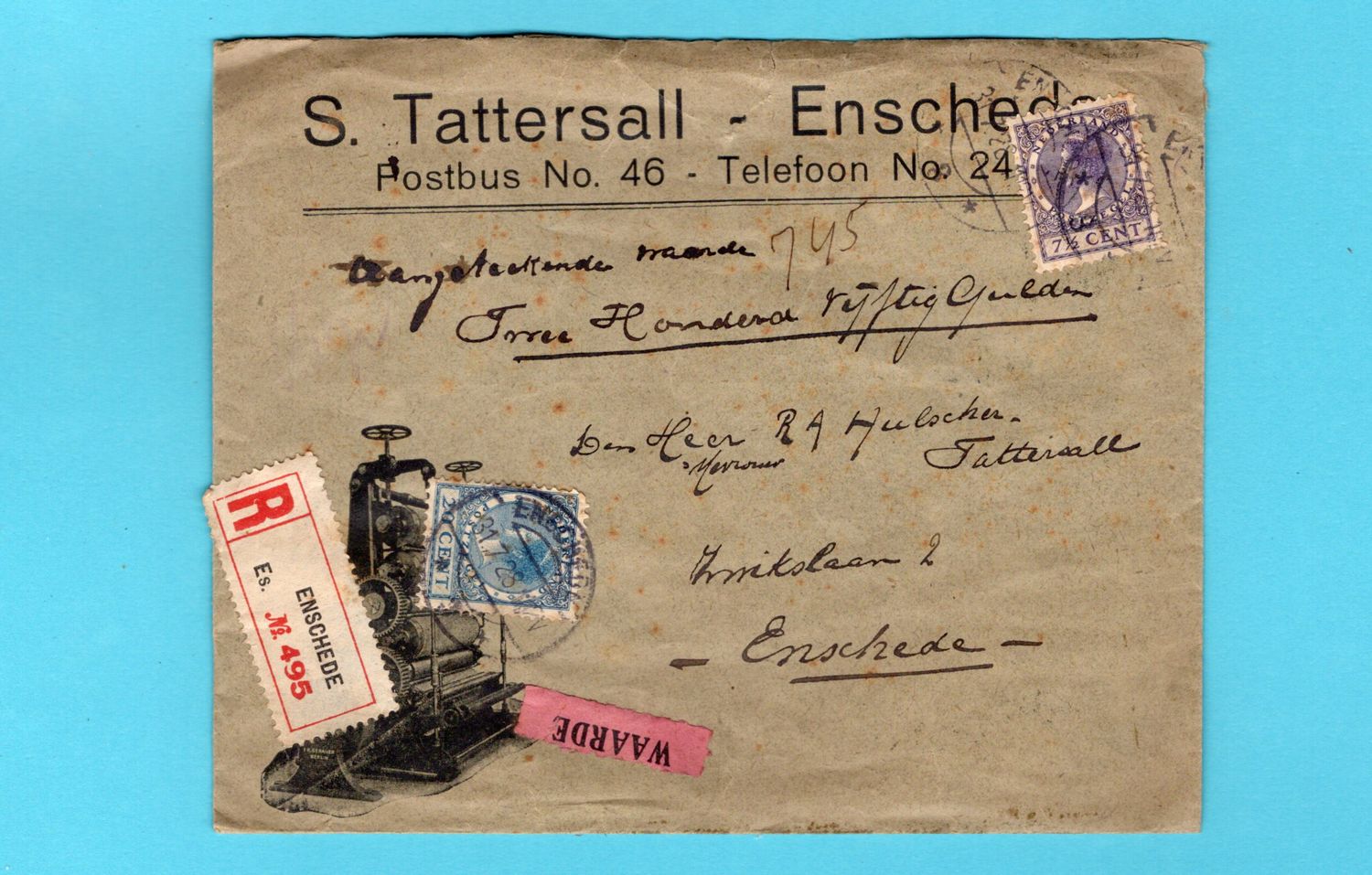 NEDERLAND waarde R brief 1928 Enschede S. Tattersall