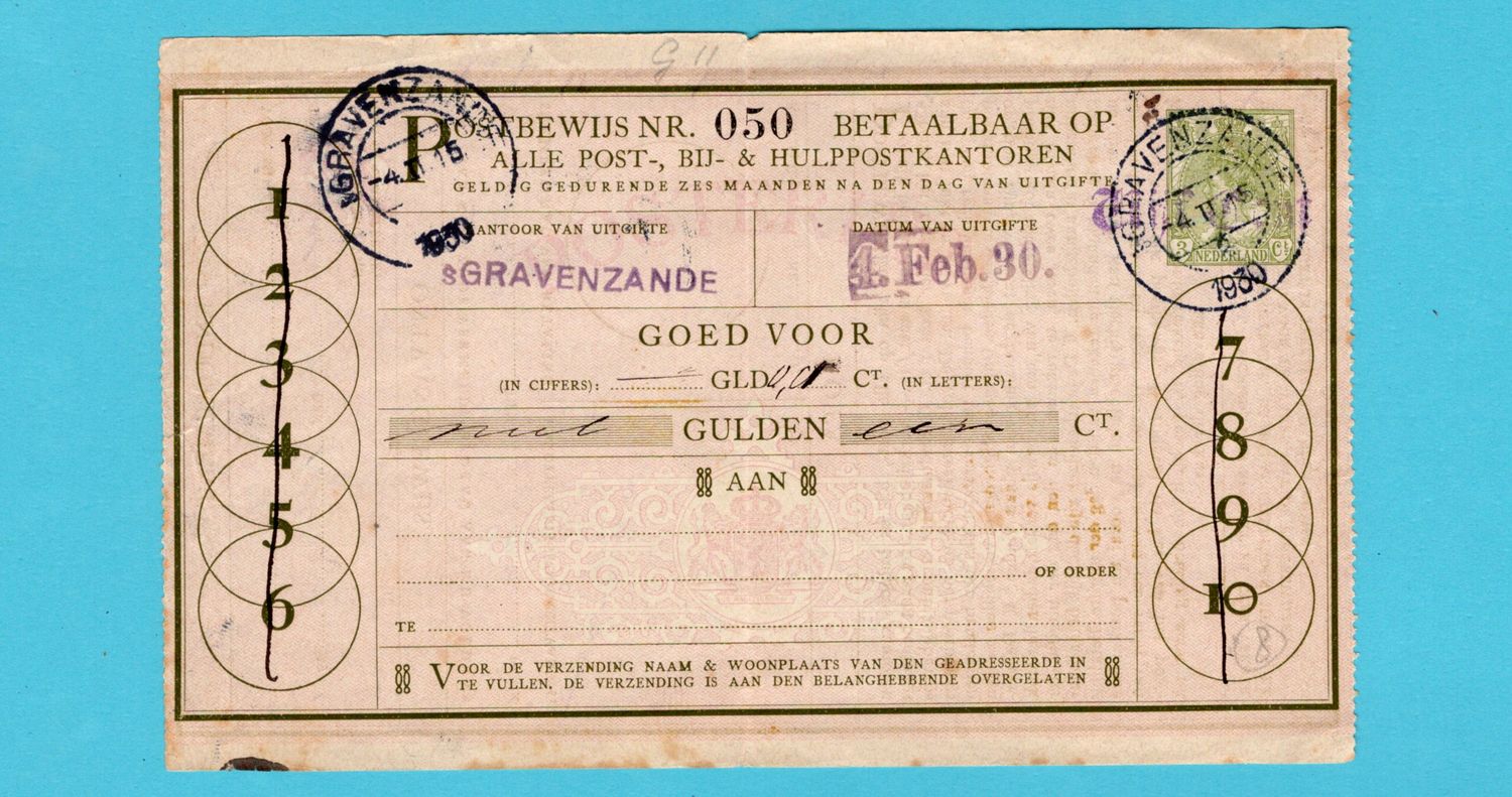 NEDERLAND postbewijs 3ct 's Gravenzande 1930