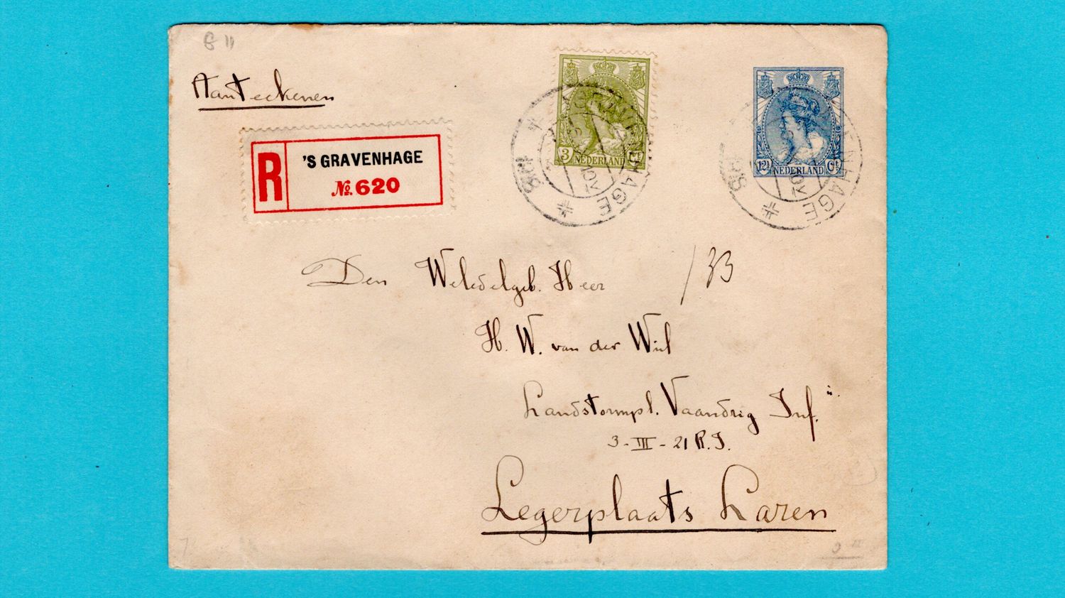 NEDERLAND 'R envelop 1918 's Gravenhage naar Legerplaats Laren