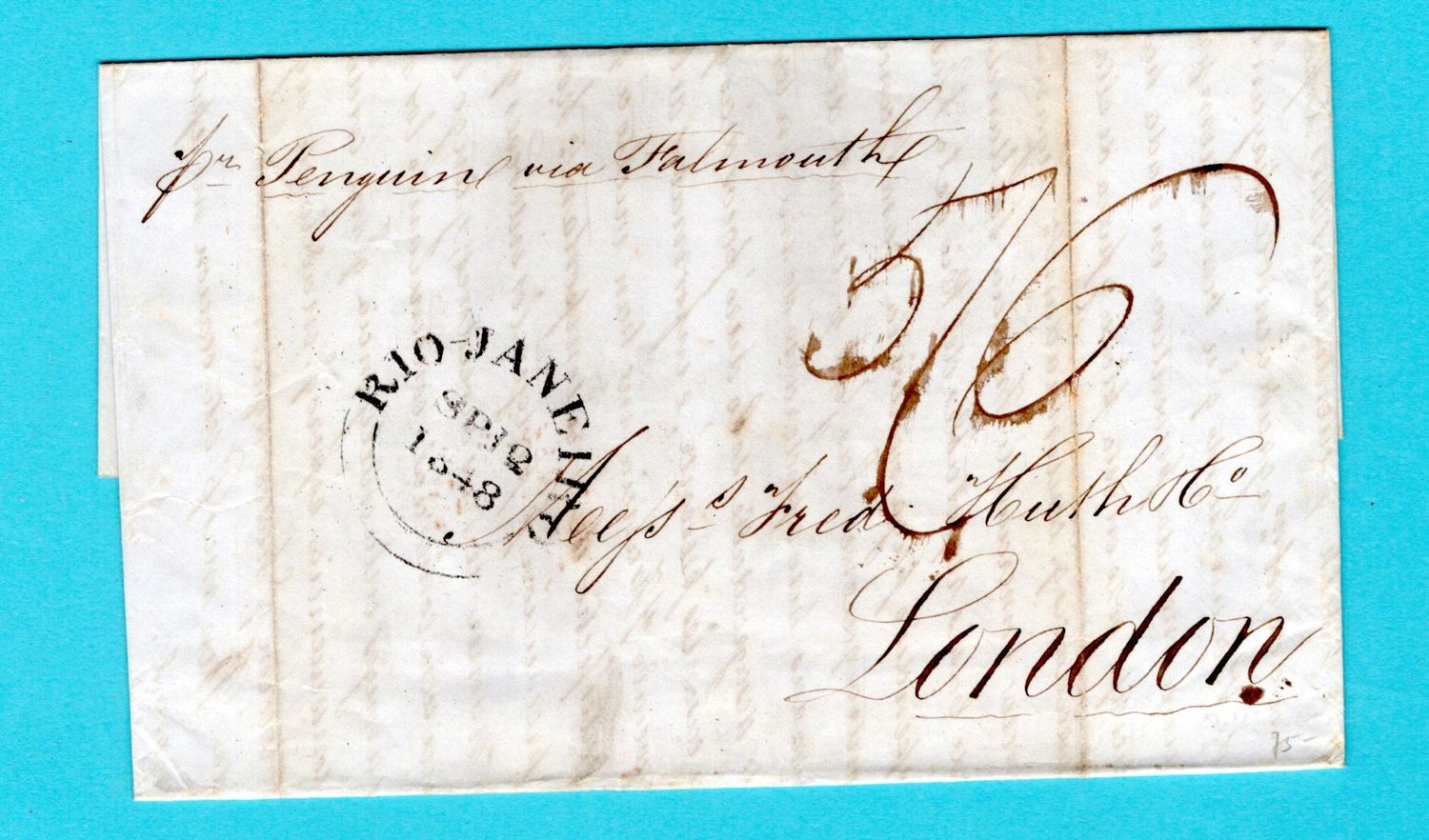 BRAZIL entire by ship Penguin 1848 Rio de Janeiro to London