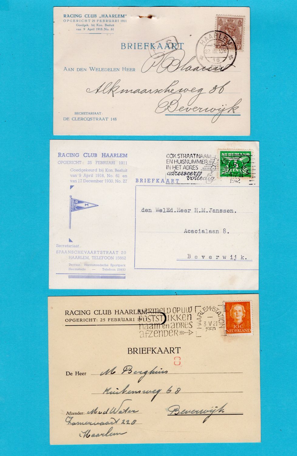 NEDERLAND Racing Club Haarlem 3 kaarten 1923-50 inzake voetbal