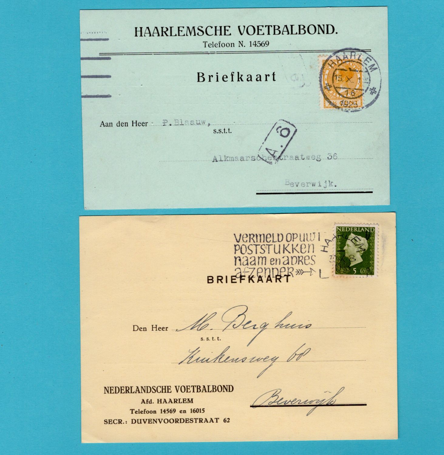 NEDERLAND 2 briefkaarten Voetbal Bond 1925-48 Haarlem