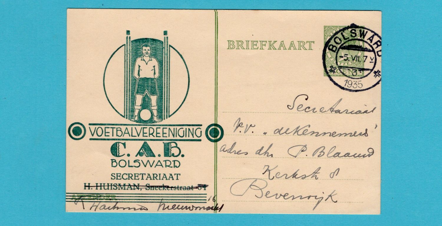 NEDERLANDS privé bedrukte briefkaart Voetbalvereeniging CAB 1935 Bolsward naar Beverwijk NEDERLANDS privé bedrukte briefkaart Voetbalvereeniging CAB 1935 Bolsward naar Beverwijk