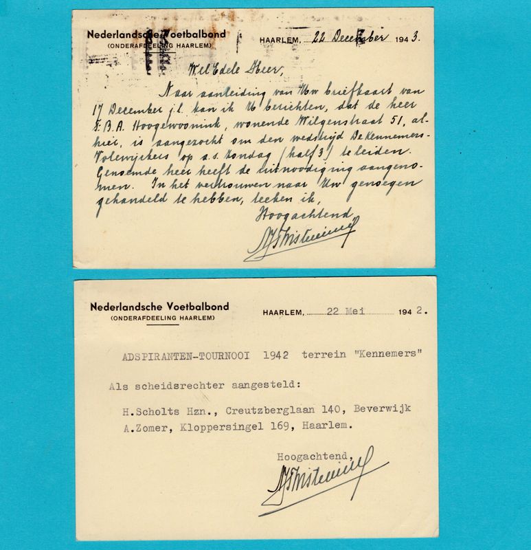 NEDERLAND 2 kaarten Nederlandche Voetbalbond 1942-43 Haarlem
