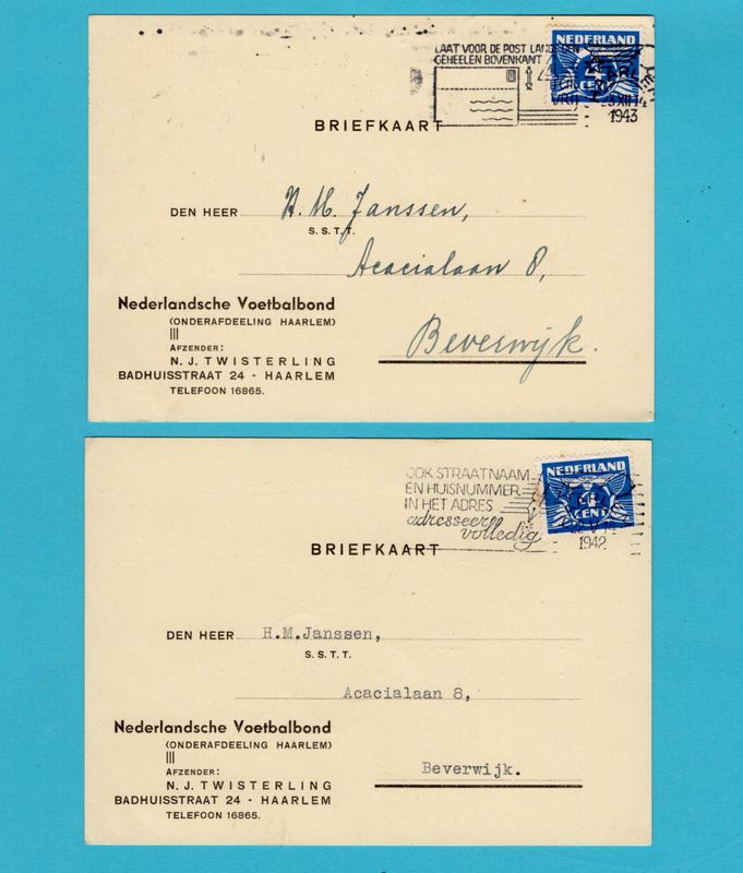 NEDERLAND 2 kaarten Nederlandche Voetbalbond 1942-43 Haarlem