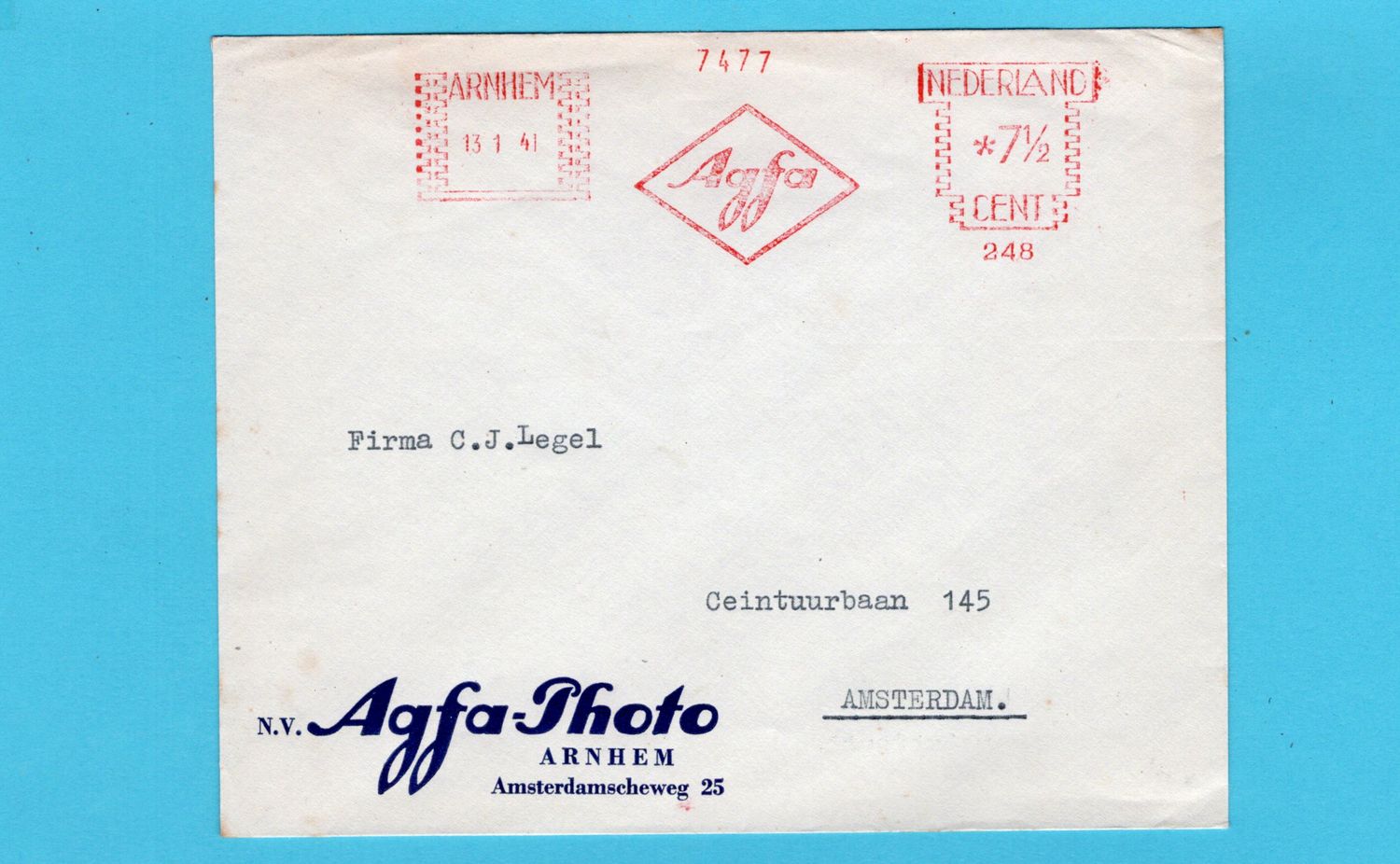 NEDERLAND brief Agfa Photo 1941 Arnhem met Agfa roodfrankering