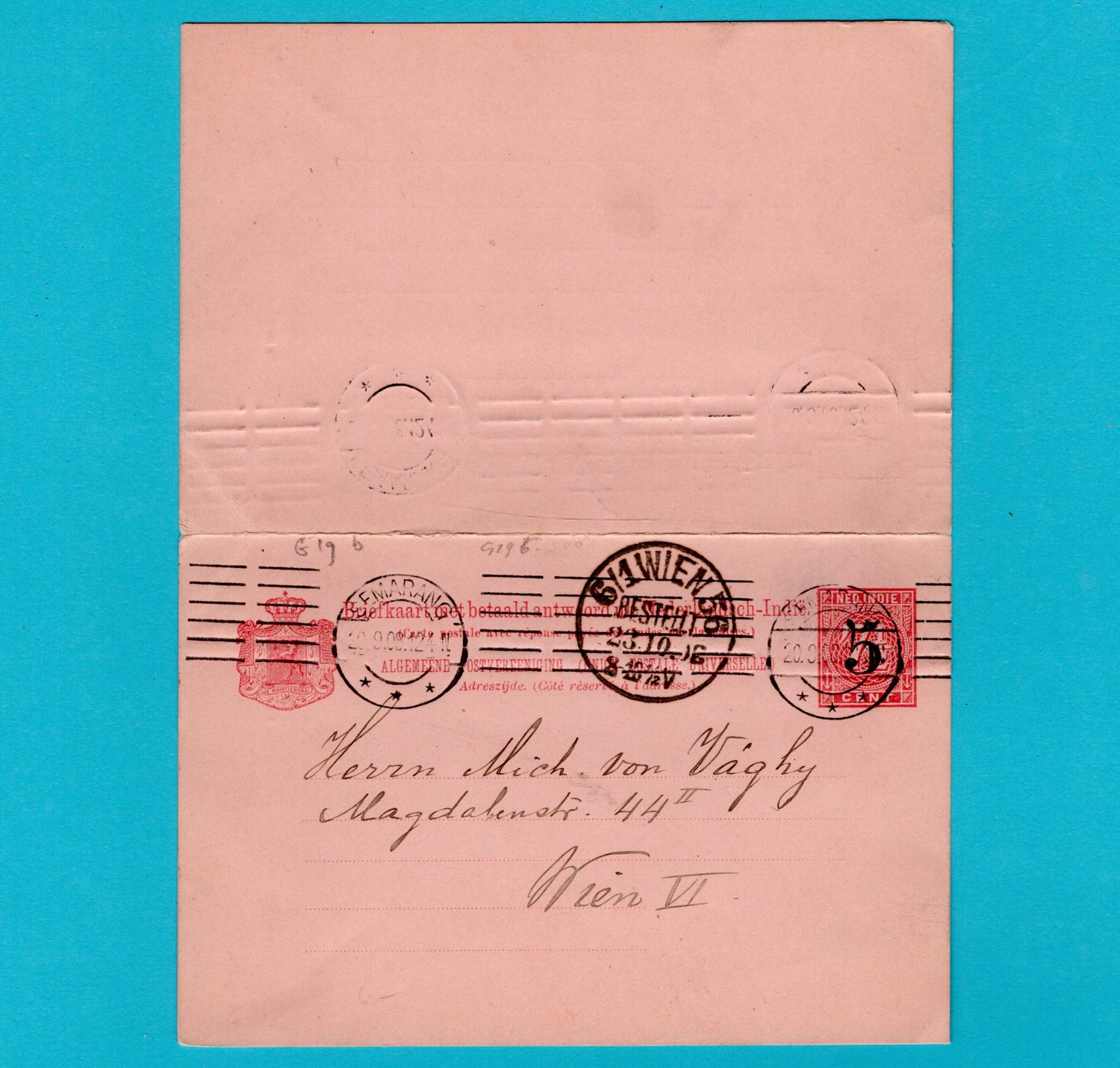 NETHERLANDS EAST INDIES postal card with paid reply 1908 Semarang to Austria