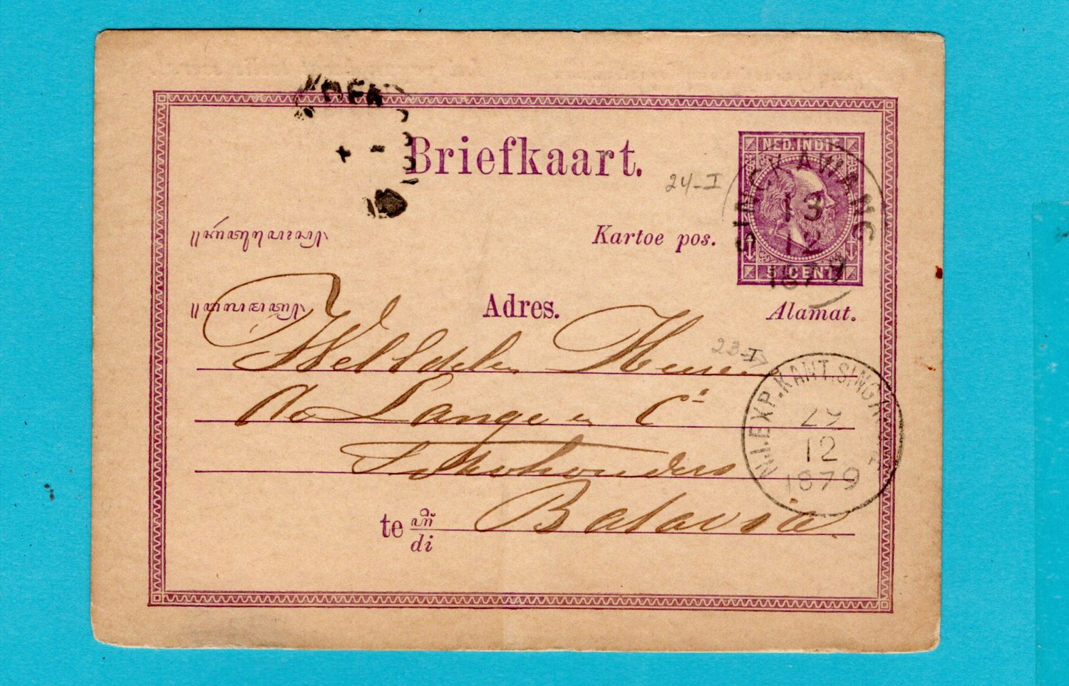NETHERLANDS EAST INDIES postal card 1879 Singkawang + N.I.Exp.Kant. Singapore to Batavia
