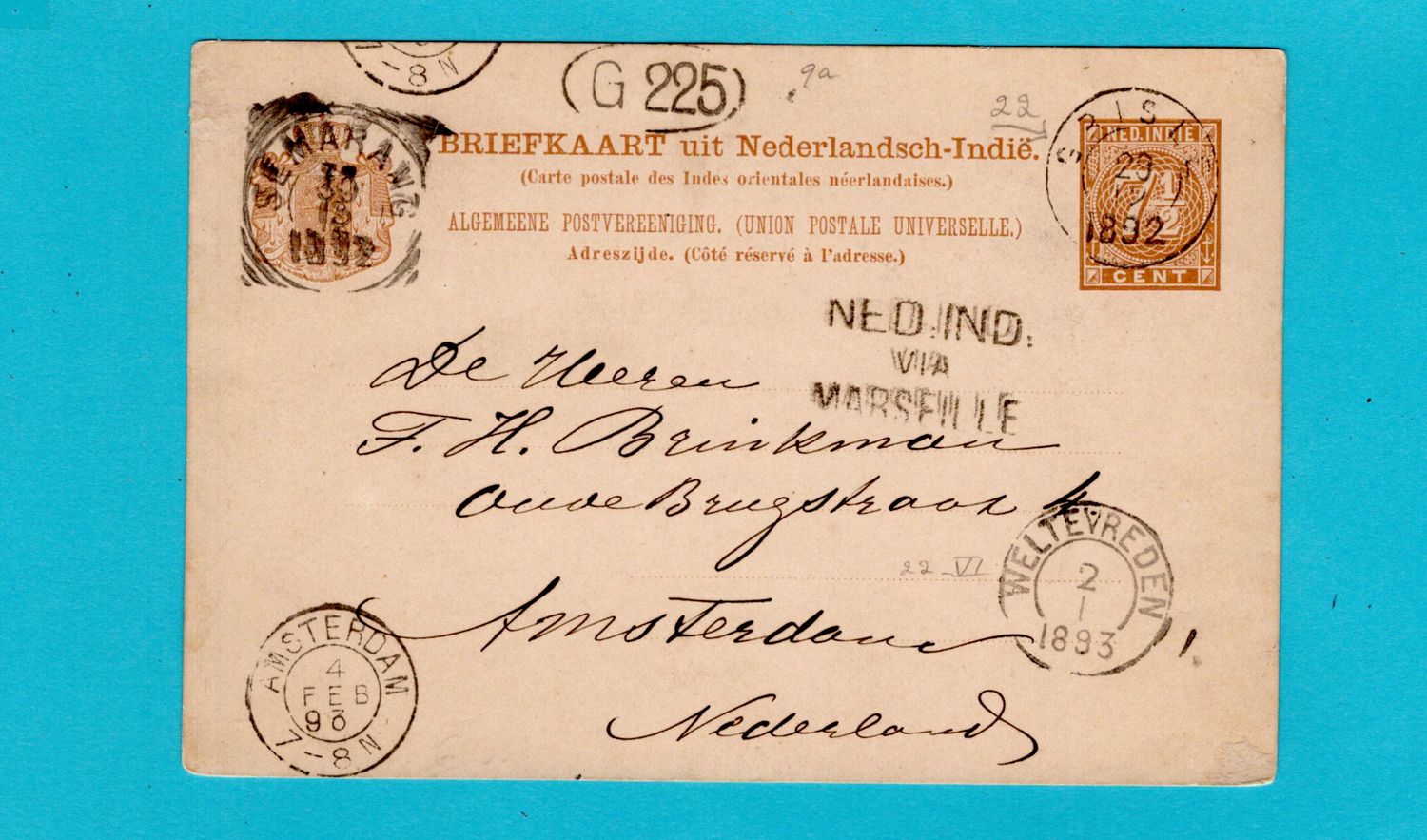 NETHERLANDS EAST INDIES postal card 1893 Grisee + routing via Marseille