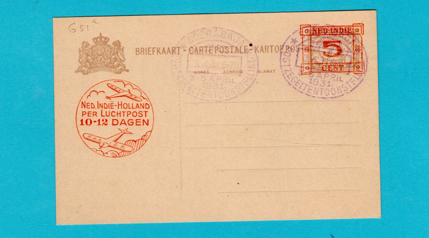 NETHERLANDS EAST INDIES postal card with air slogan 1931 Soerabaja