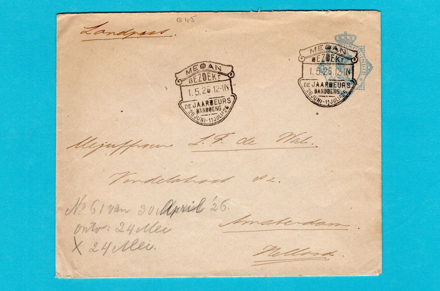 NETHERLANDS EAST INDIES postal envelope 1926 Medan Jaarbeurs Bandoeng cancel