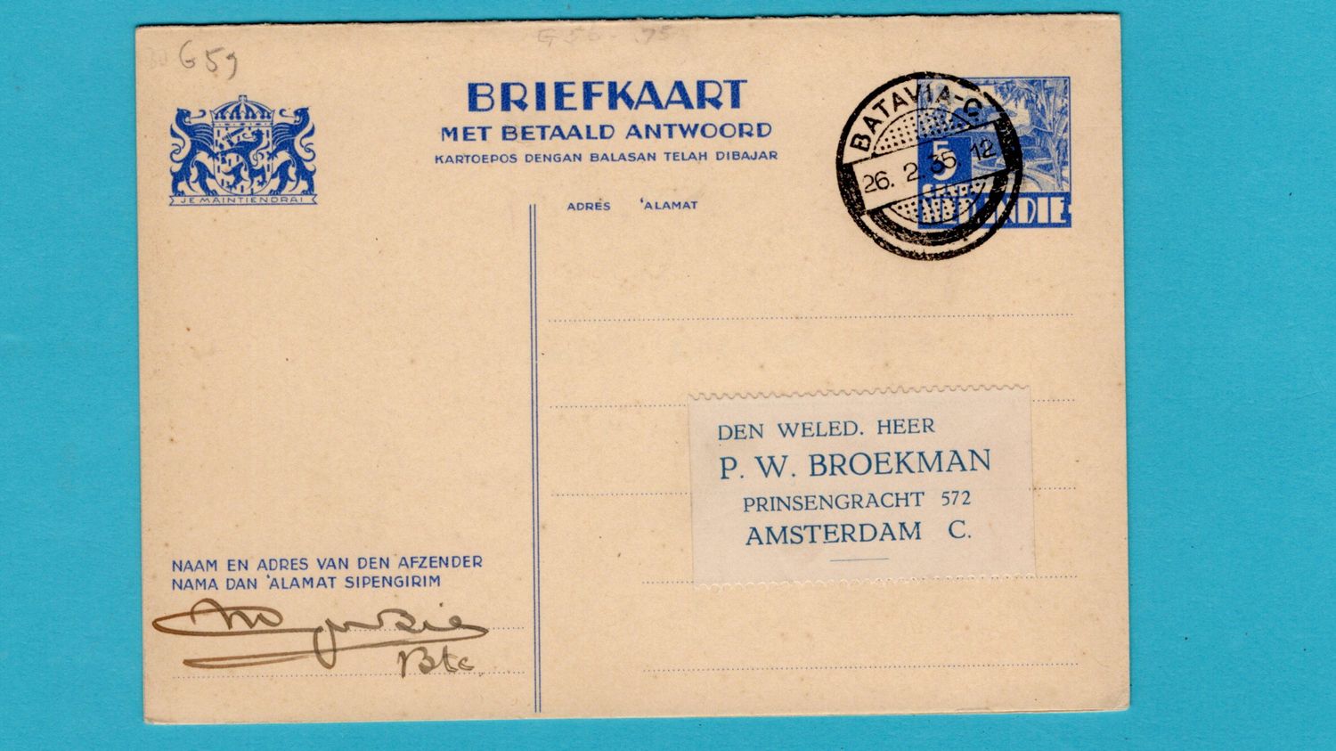 NETHERLANDS EAST INDIES postal card with paid reply 1935 Batavia