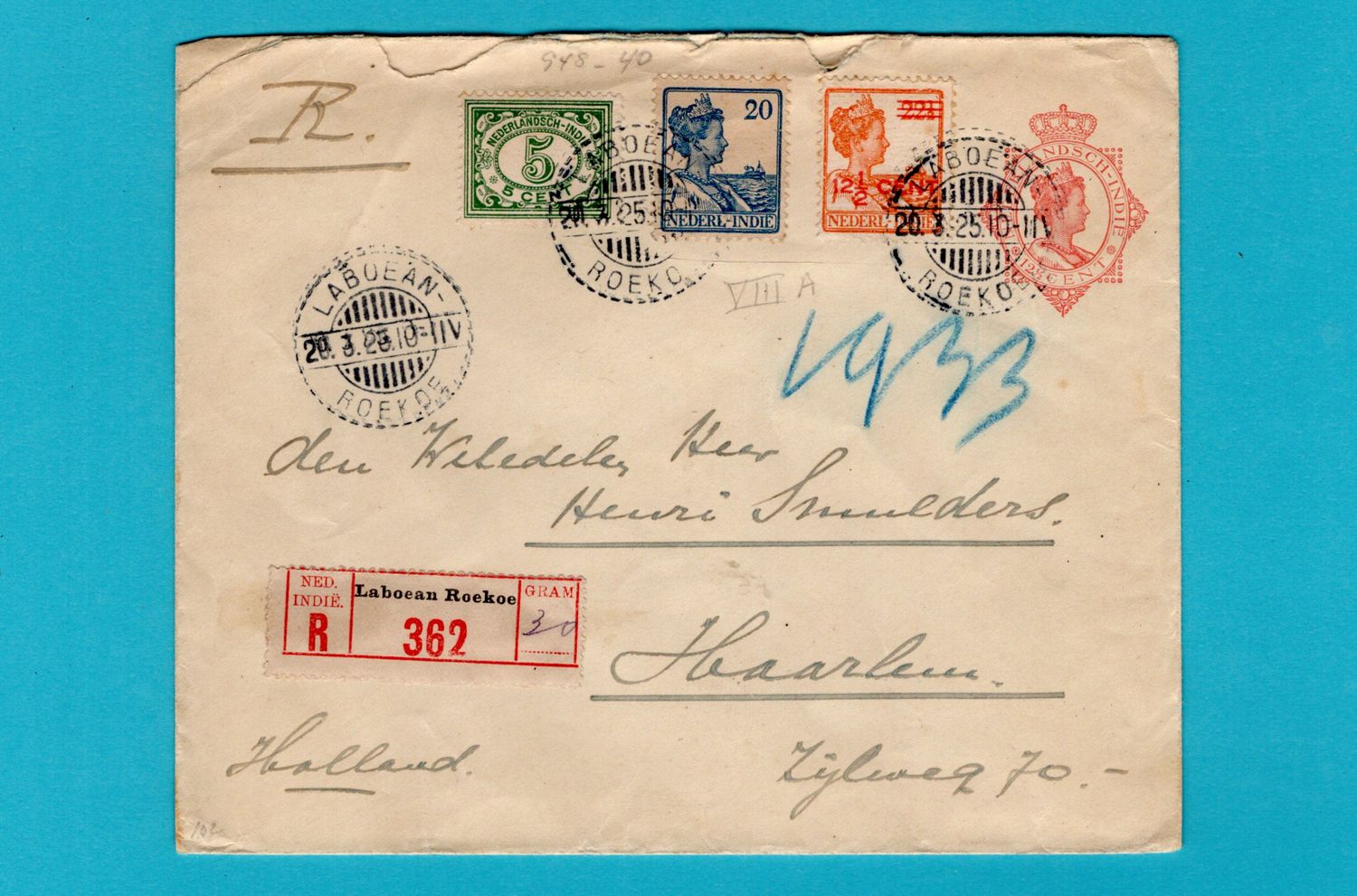 NETHERLANDS EAST INDIES R postal envelope 1925 Laboean Roekoe