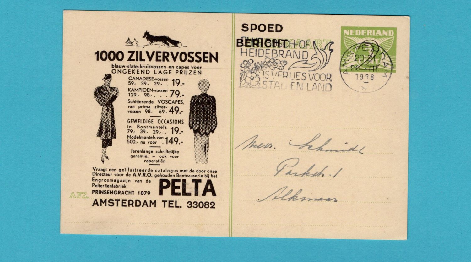 NEDERLANDS privé bedrukte briefkaart Pelta kleding 1938 Amsterdam NEDERLANDS privé bedrukte briefkaart Pelta kleding 1938 Amsterdam