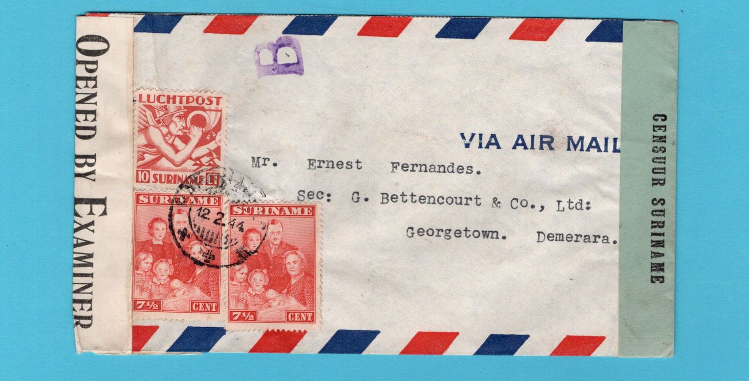 SURINAME censuur brief 1944 Paramaribo naar Demerara, Brits Guiana