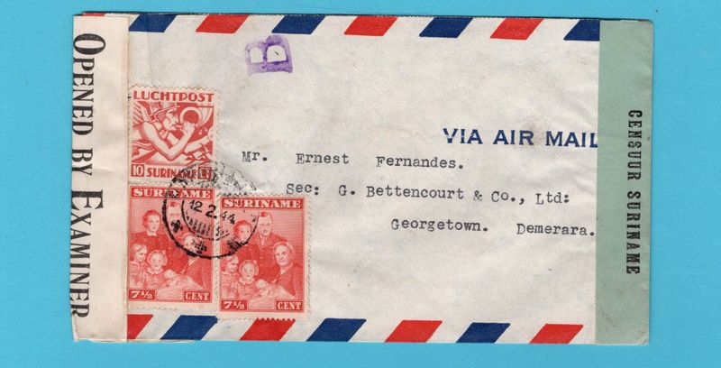 SURINAME censuur brief 1944 Paramaribo naar Demerara, Brits Guiana