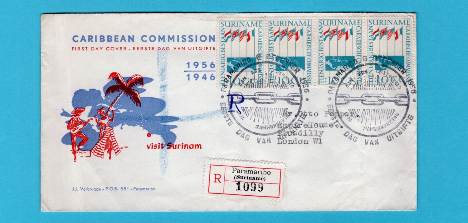 SURINAME R FDC Caibbean Commission 1956 Paramaribo naar Engeland