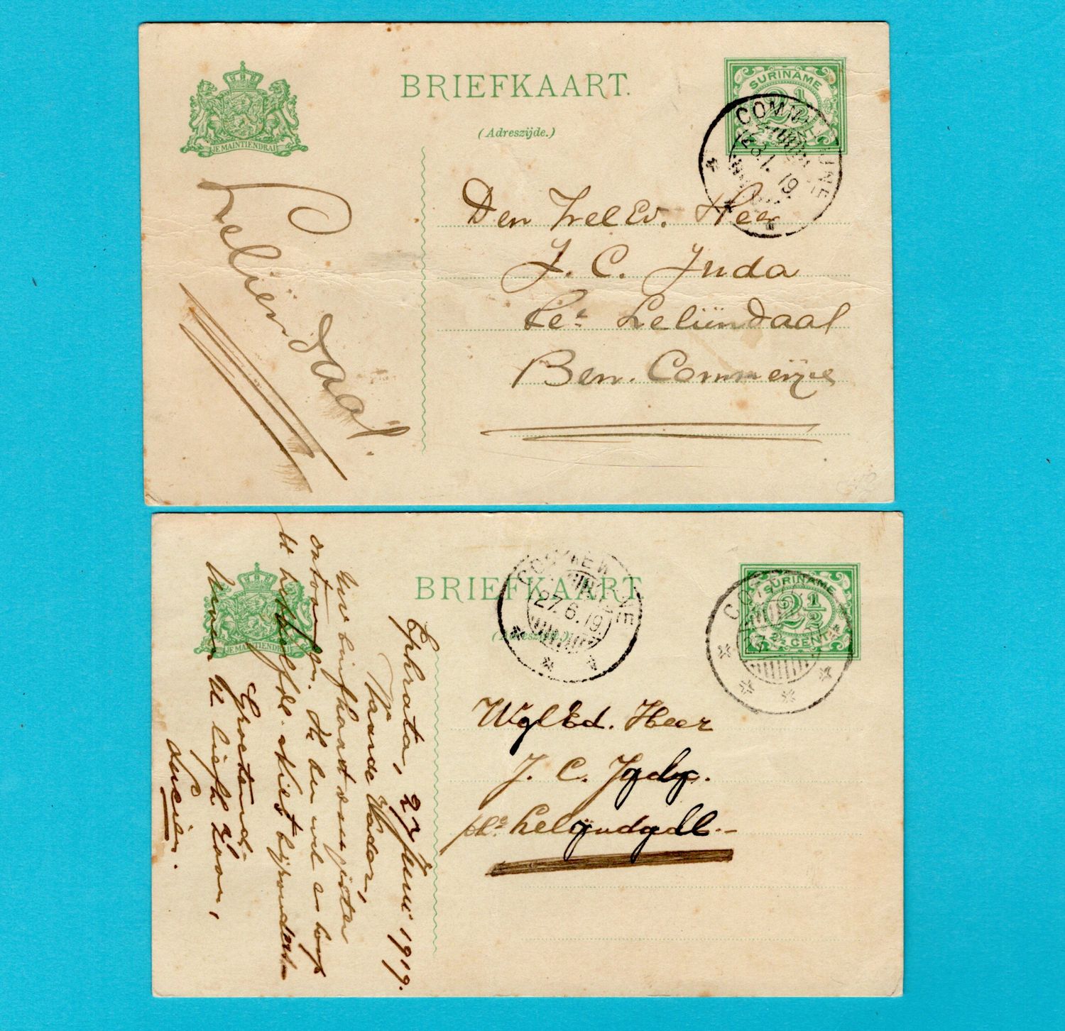SURINAME 2 briefkaarten 1919 Commonwijne naar Plantage Leliëndaal