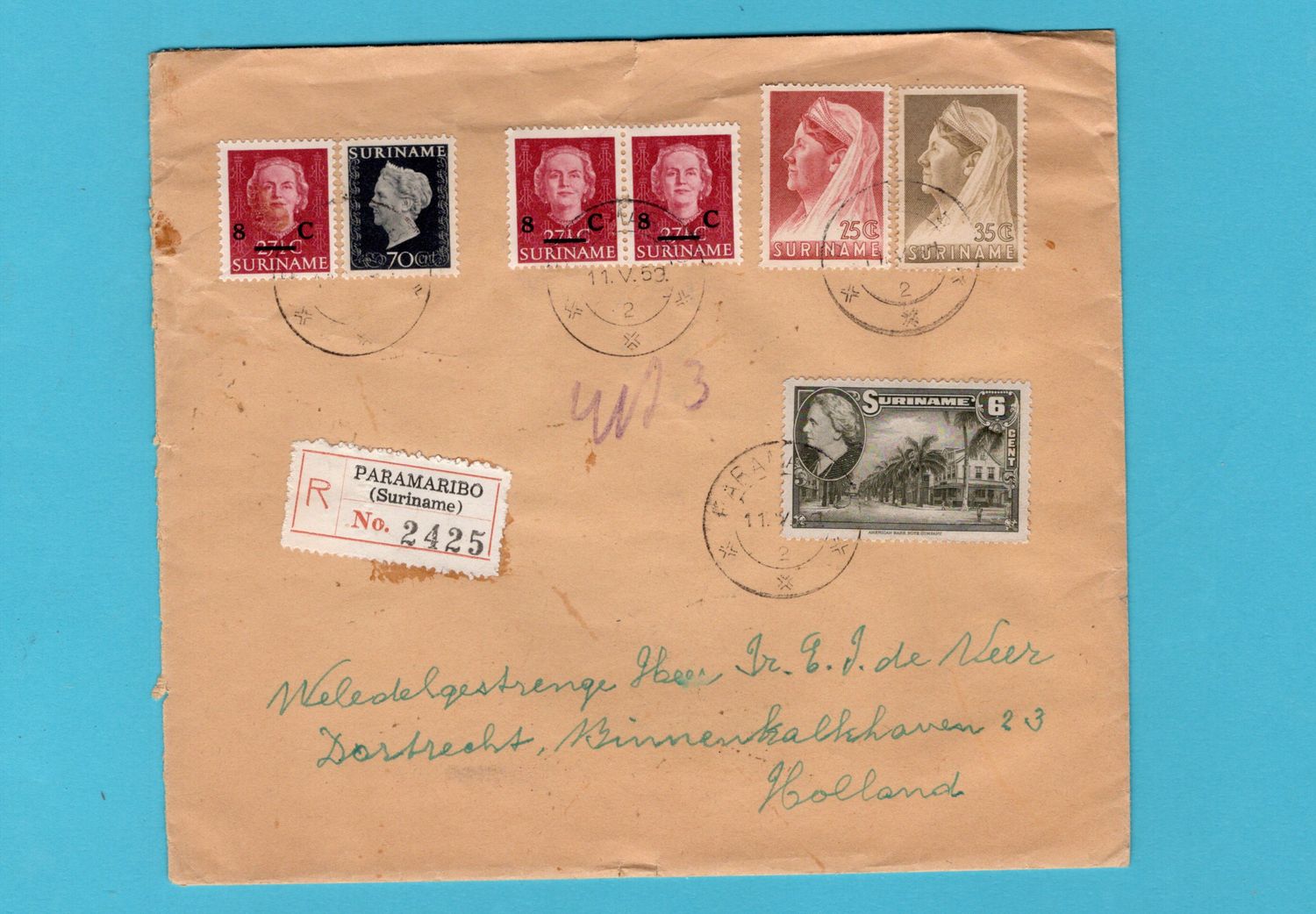 SURINAME R brief 1951 Paramaribo naar Dordrecht, Nederland