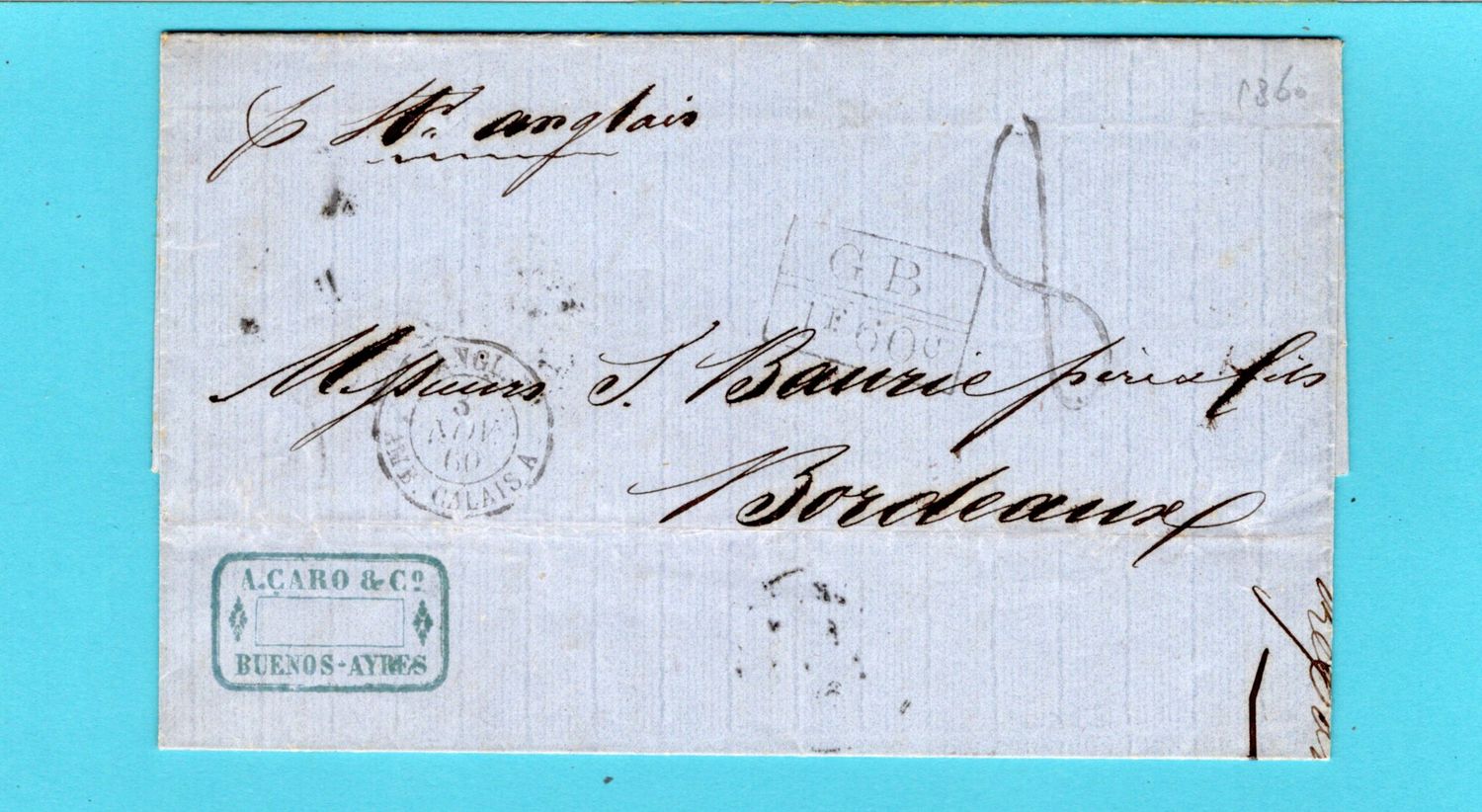 ARGENTINA entire 1860 Buenos Aires by British packet to Bordeaux ARGENTINA entire 1860 Buenos Aires by British packet to Bordeaux