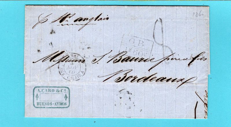 ARGENTINA entire 1860 Buenos Aires by British packet to Bordeaux