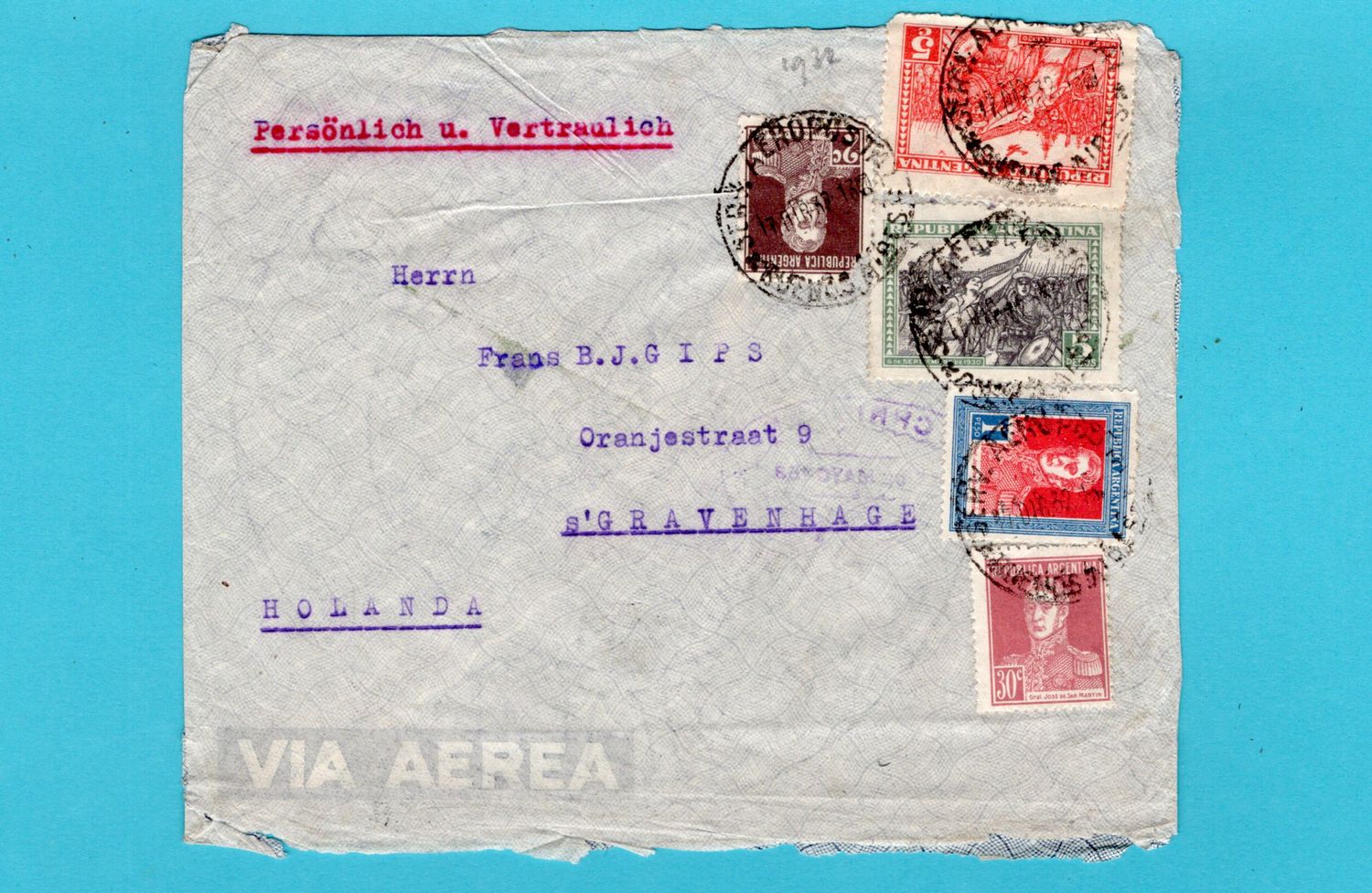 ARGENTINA air cover 1932 Buenos Aires to Netherlands