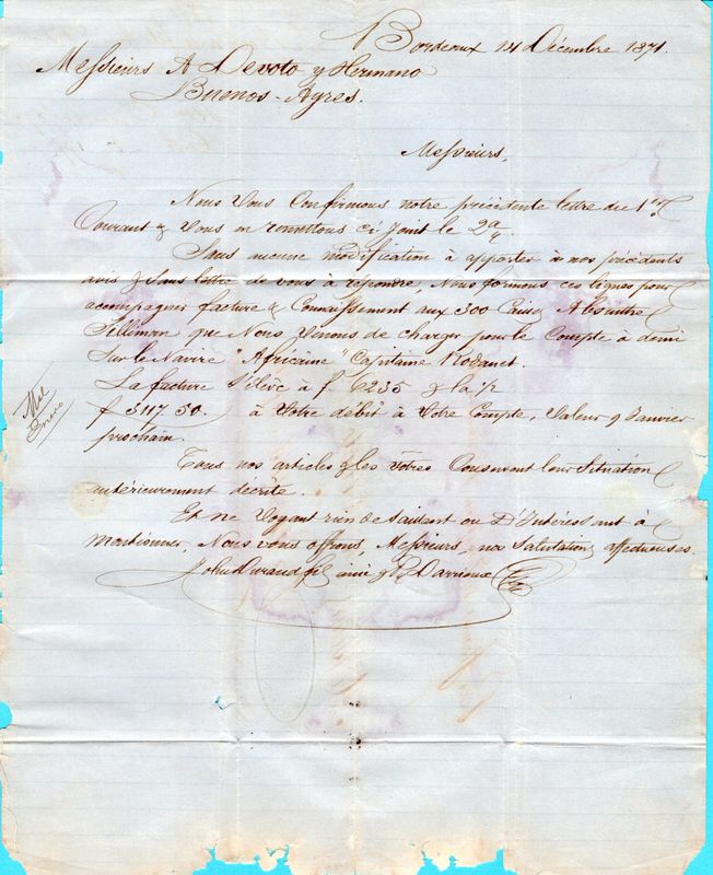 FRANCE entire 1871 Bordeaux to Buenos Aires, Argentina