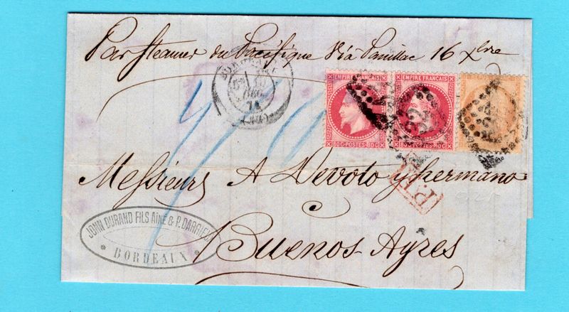 FRANCE entire 1871 Bordeaux to Buenos Aires, Argentina