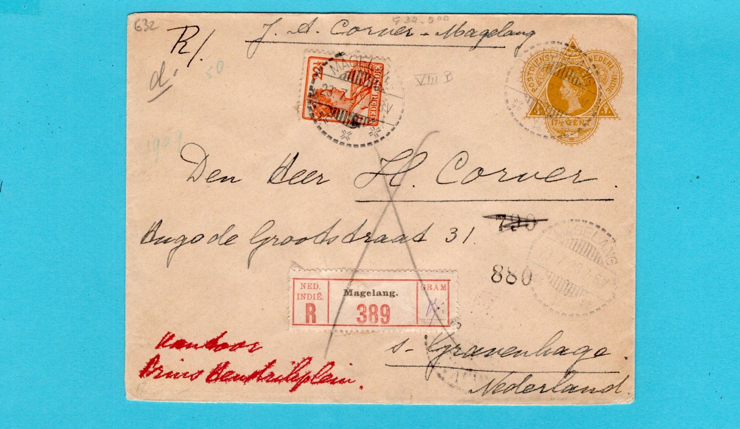 NETHERLANDS EAST INDIES R envelope 1923 Mageland to The Hague