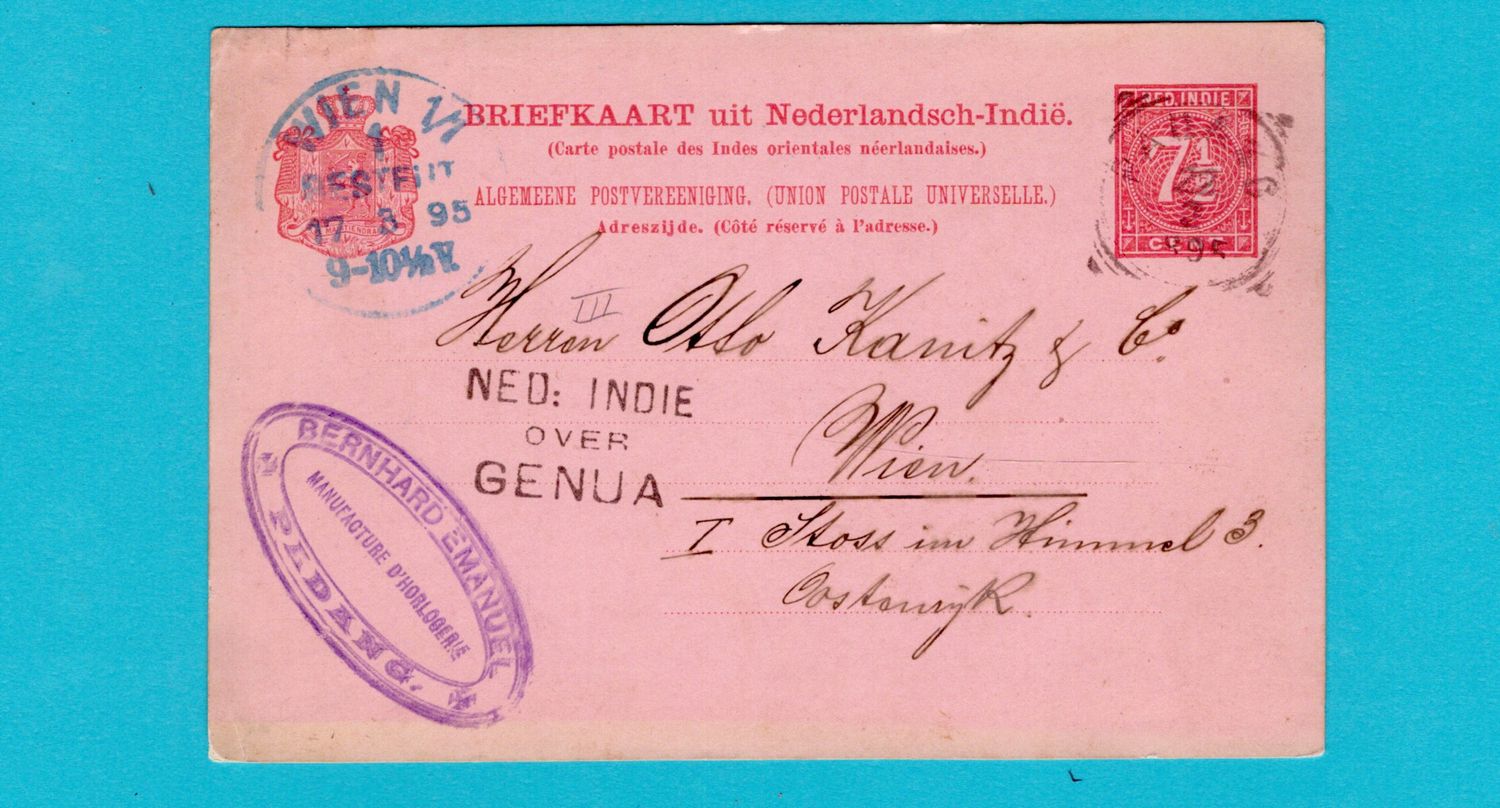 NETHERLANDS EAST INDIES postal card 1895 Padang via Genua to Austria