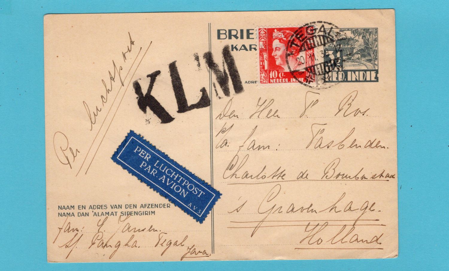NETHERLANDS EAST INDIES postal card by KLM 1939 Tegal to The Hague