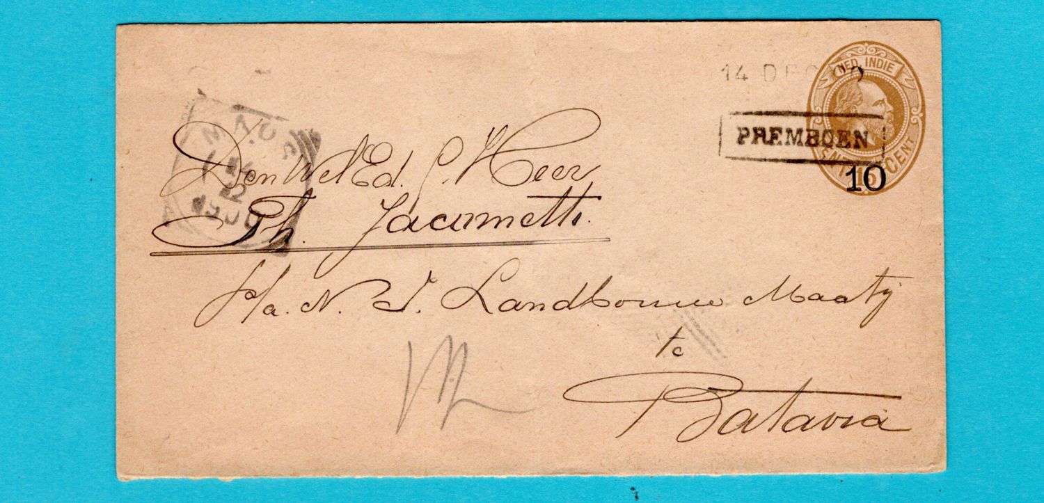 NETHERLANDS EAST INDIES postal envelope 1900 Premboen scarce line cancel