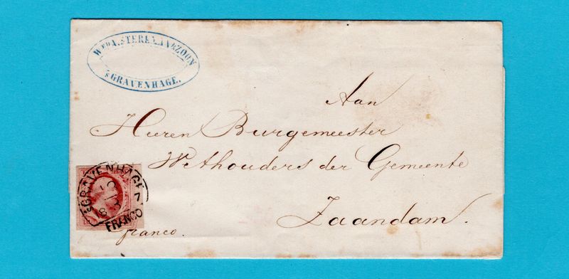 NEDERLAND briefomslag 1857 s'Gravenhage naar Zaandam