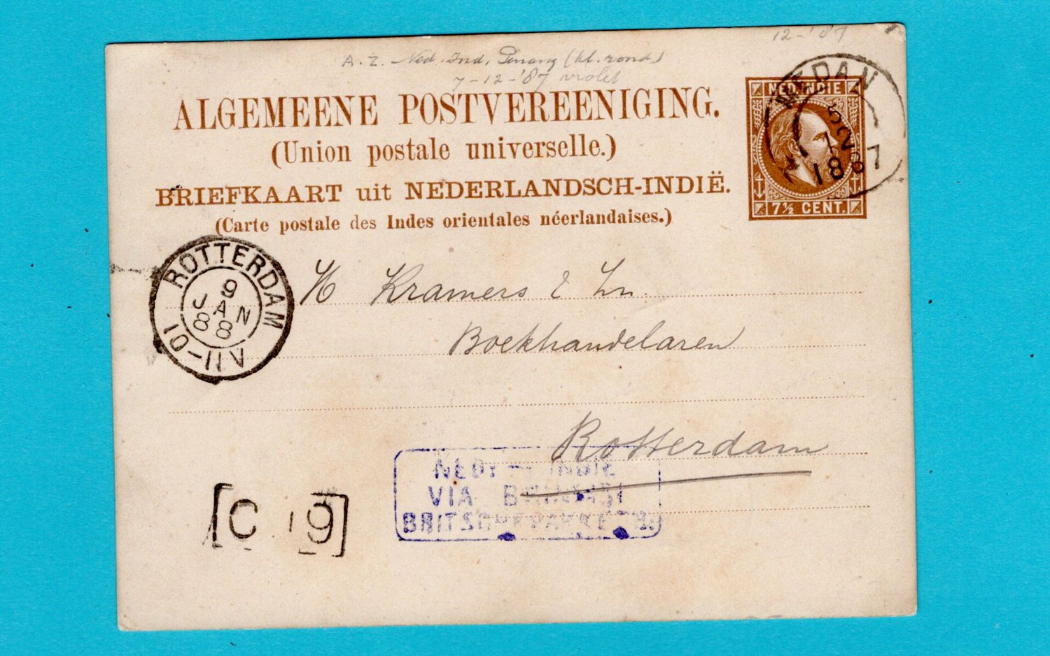 NETHERLANDS EAST INDIES postal card 1888 Medan via Brindisi