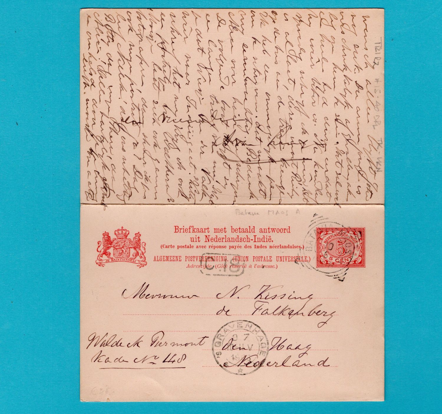 NETHERLANDS EAST INDIES postal card with paid reply 1908 Batavia-Maos "A" train cancel