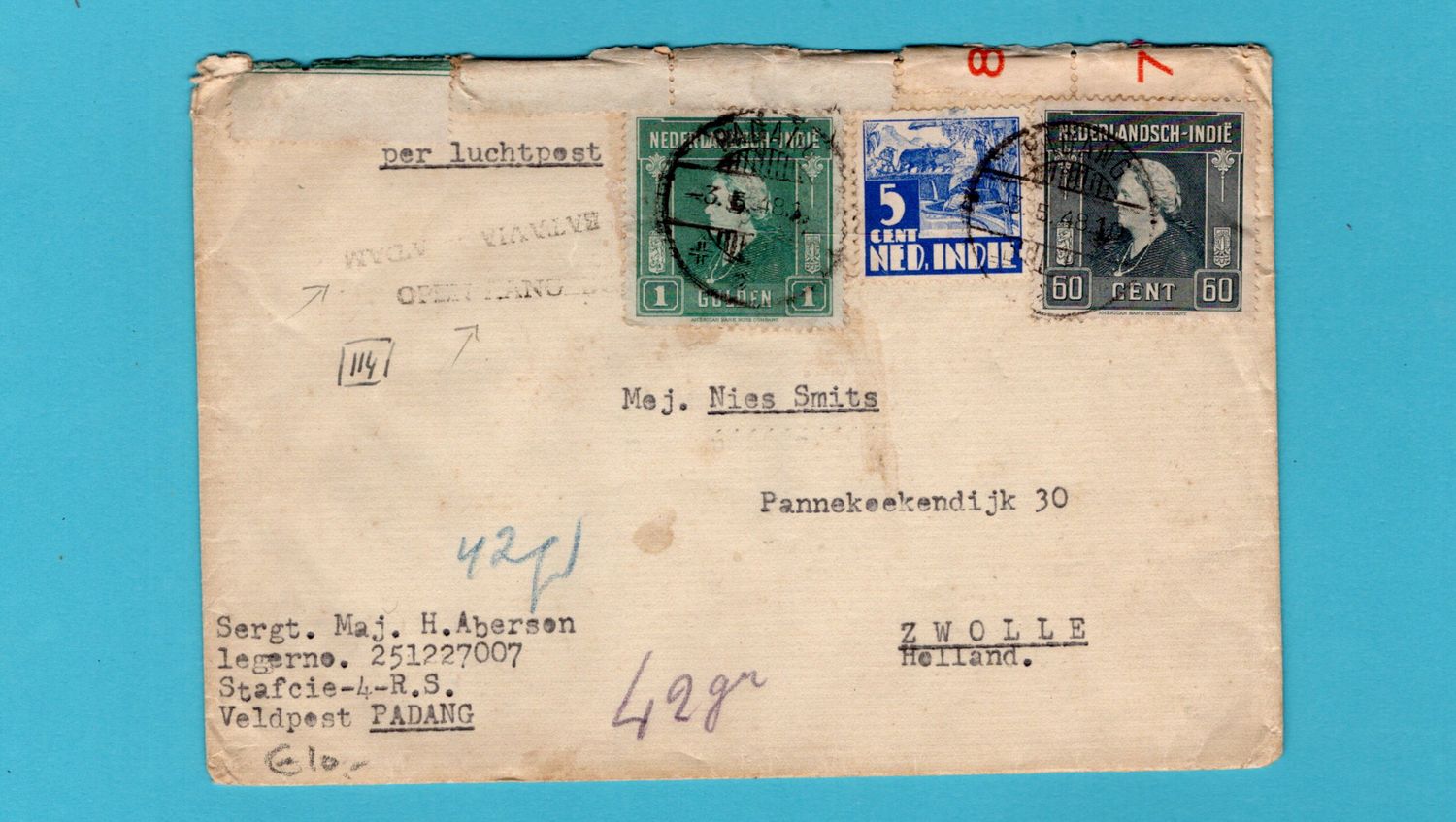 NETHERLANDS EAST INDIES air fieldpost cover 1948 Padang "received open"