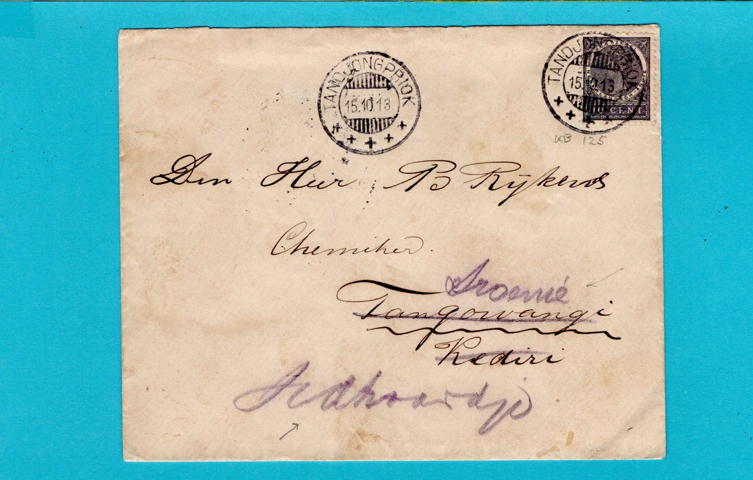 NETHERLANDS EAT INDIES cover 1913 Tandjongpriok to Kediri forwaeded Sidoardjo