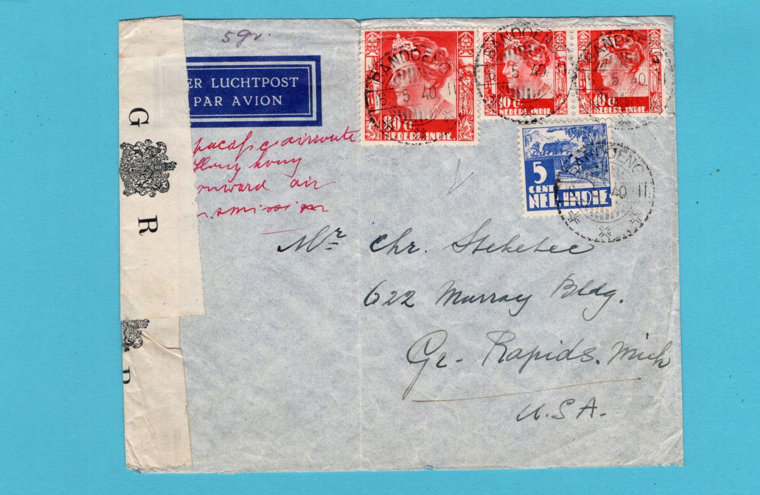 NETHERLANDS EAST INDIES censor cover 1940 Bandoeng over HongKong to USA