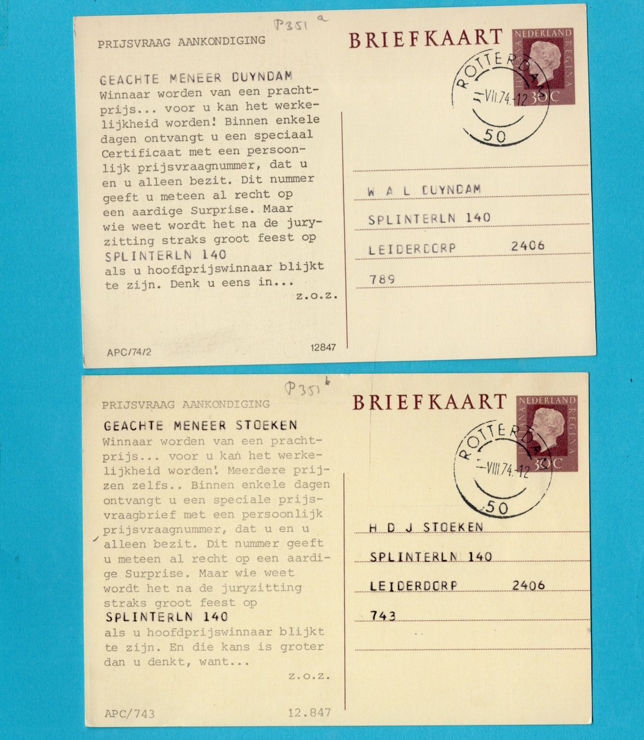 NEDERLAND 2 Readers Digest kaarten 1974 Rotterdam