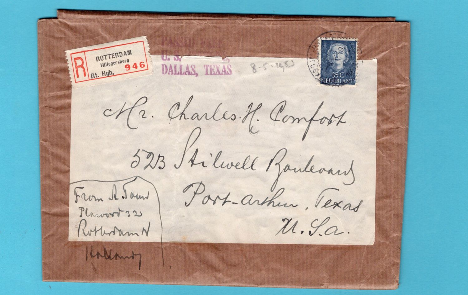 NEDERLAND R pakketdeel 1953 Rotterdam naar Port Arthur, USA