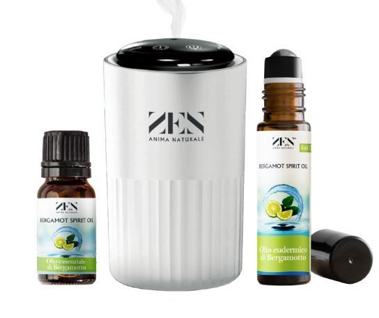 1 DIFFUSORE DI AROMI PRANA +1 OLIO ESSENZIALE BERGAMOTTO 10 ml + 1 OLIO EUDERMICO ROLL-ON BERGAMOTTO 10 ml +