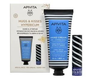 Apivita Cofanetto Regalo Hugs & Kisses Hypericum Crema Mani Secce e Screpolate 50ml e Balsamo Labbra Idratante SPF20 4,4g