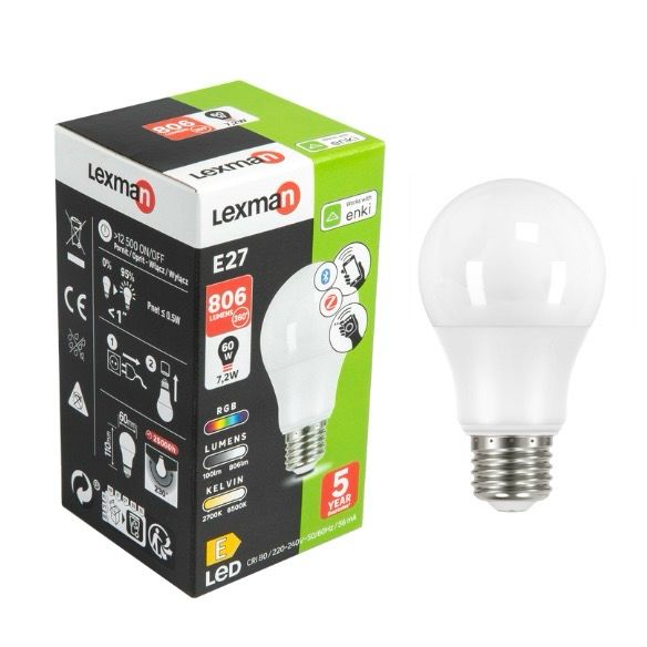 Ampoule Led Connectée Lexman Enki Standard E27 806Lm/60W/7,2W. Variations Blanc &amp; Couleurs.