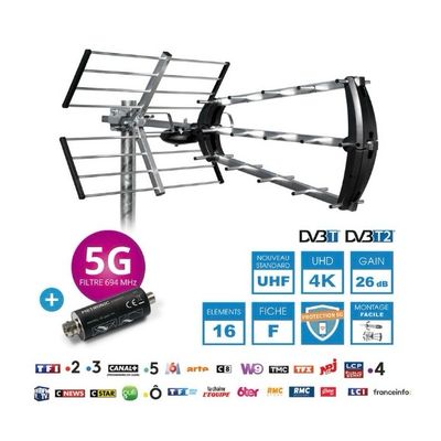 Antenne Extérieure Trinappe 26 Db + Filtre 694 Mhz.