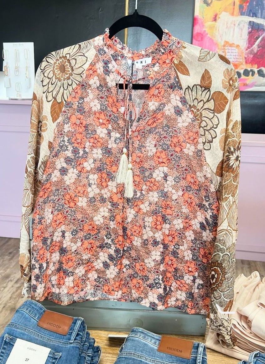 Floral Mixed Brown LS Blouse